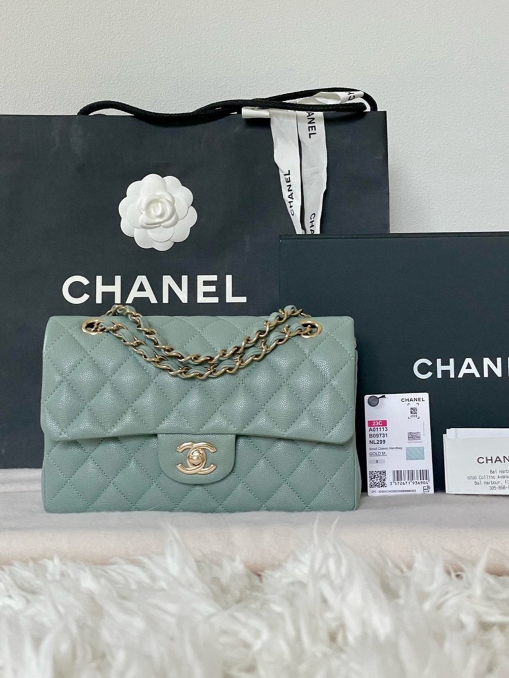 23C CHANEL Caviar Small Classic Double Flap Bag Light Blue Green & Gold HW
